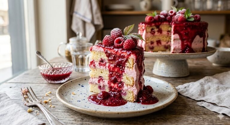 cake with raspberry sauce